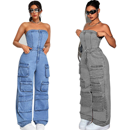 Low Waist Sleeveless Denim Rombers