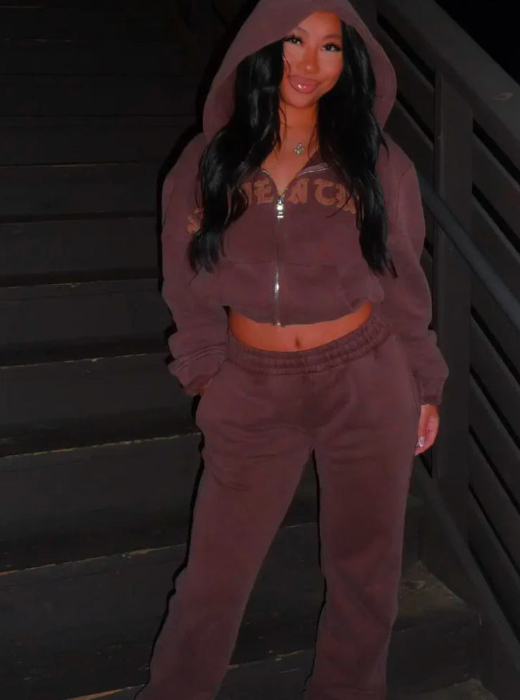 Hooded Cropped Sweatshirt Top And Loose Drawstring Trousers